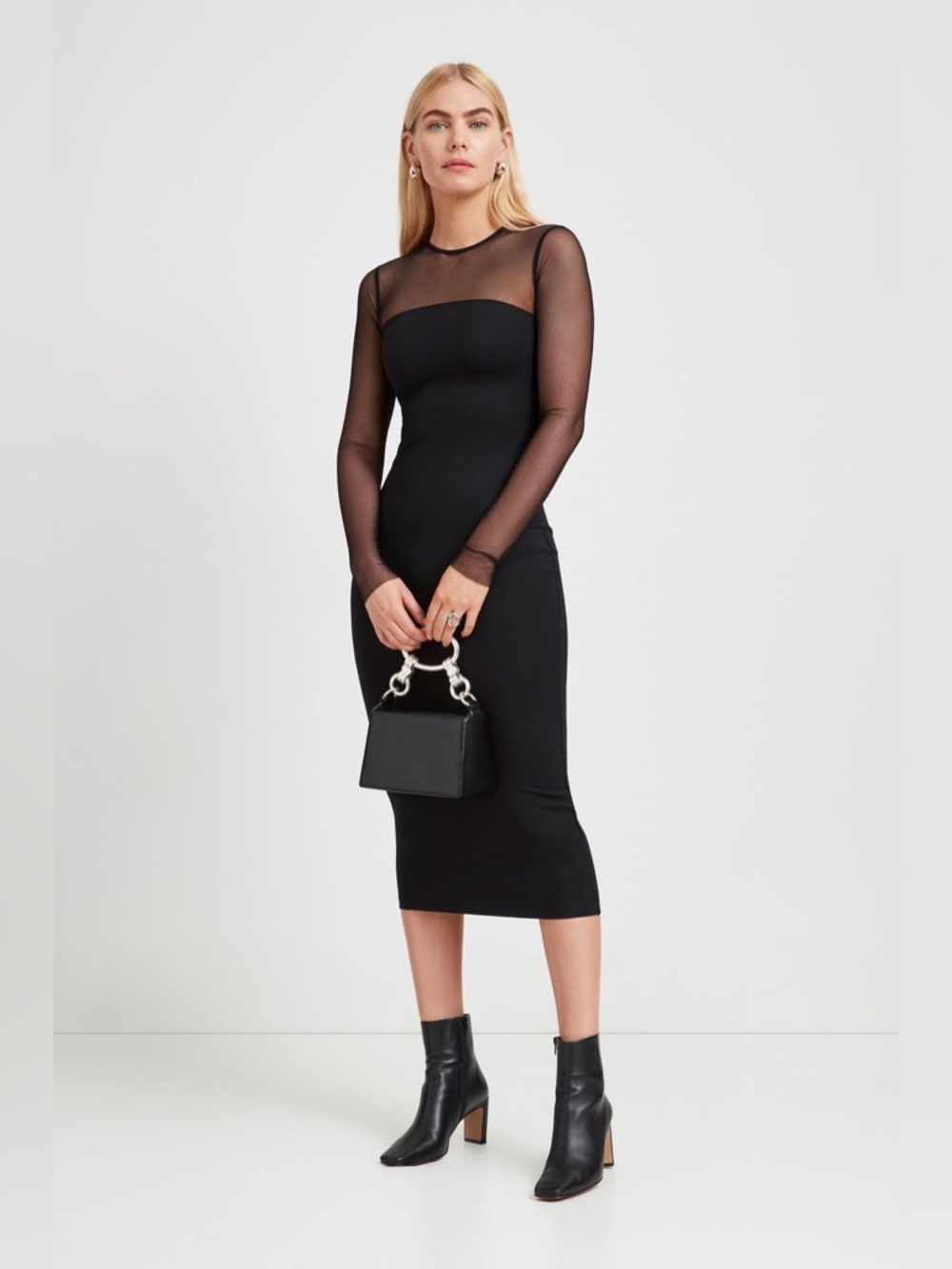 Marcella NYC Maite European Ponte & Mesh Midi Dress Size Medium Black